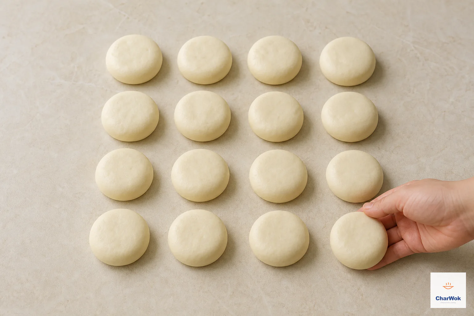Exactly sixteen equal dough pieces are flattened into separate smooth round pucks arranged in a four-by-four grid