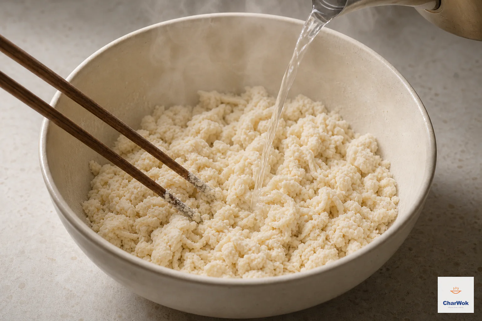 Steaming just-boiled water pours into flour while chopsticks stir it into fully moistened shaggy flakes and small lumps