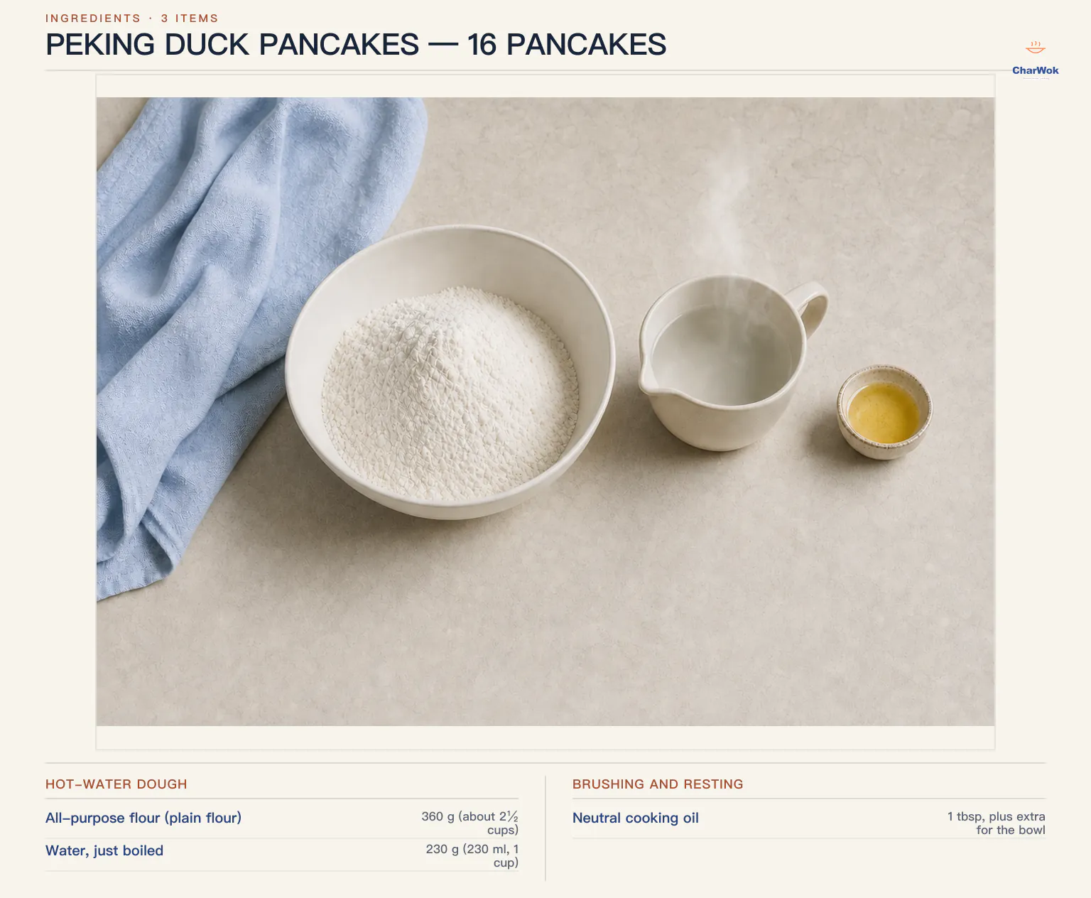 Peking duck pancake ingredients labeled in English: 360 g or about 2 and a half cups all-purpose flour, 230 g or 230 ml or 1 cup just-boiled water, and 1 tablespoon neutral cooking oil plus extra for the bowl and paired disks