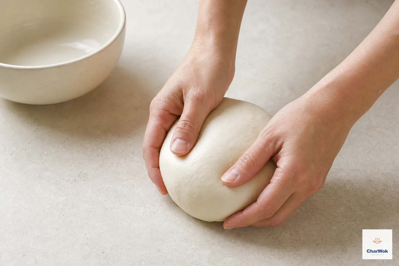 Two hands knead the warm hydrated dough into one soft smooth ball without sticky residue or dry cracks