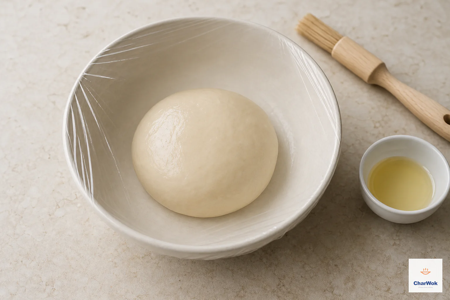 A smooth unrisen dough ball with a thin oil sheen rests under taut clear wrap in a cream bowl