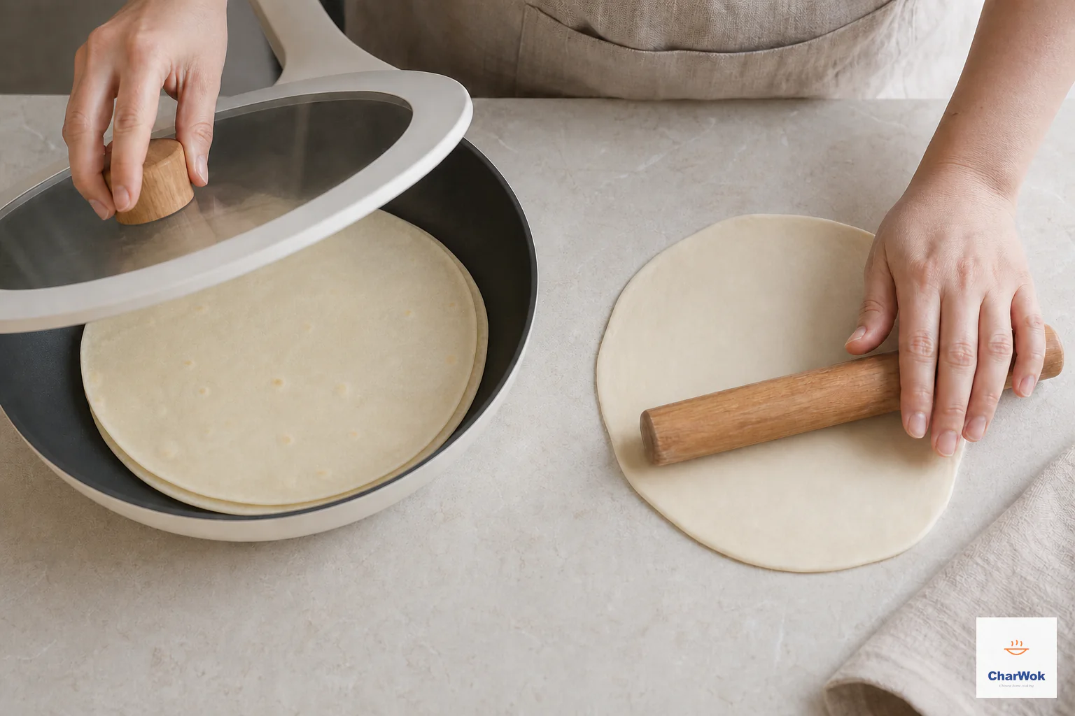 One thin paired pancake cooks under a partly lifted lid while the next paired disk is rolled on the adjacent worktop