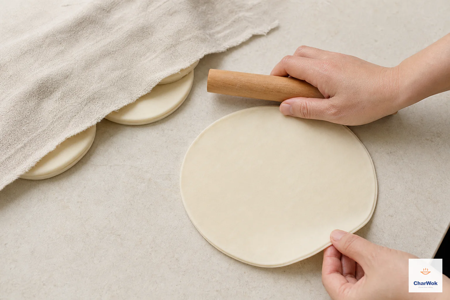 A short wooden rolling pin rolls one paired double disk into a thin even pale round with a subtle double-layer edge
