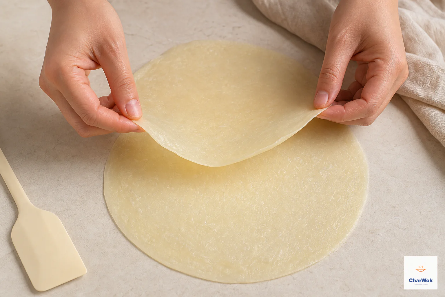 Two hands peel one still-warm cooked pair cleanly into exactly two intact paper-thin flexible pancake rounds