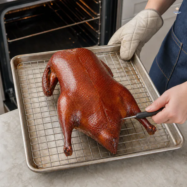 An instant-read thermometer probe enters the thick inner thigh at the leg-body joint of a fully roasted Peking duck
