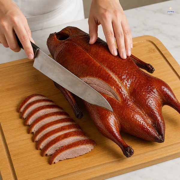 A rested lacquered roast duck is carved into neat breast slices with crisp skin attached to a thin layer of meat