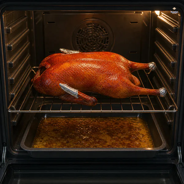 A red-brown Peking duck roasts breast-up on an oven rack with foil protecting the wing tips and drumstick ends and a tray below