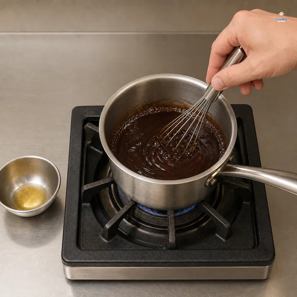 Sweet bean sauce, sugar and a little rendered duck fat are whisked over low heat until glossy with tiny edge bubbles
