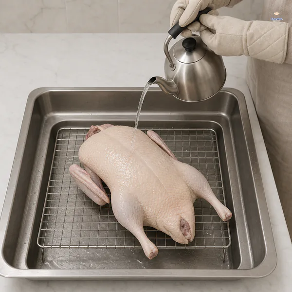 Boiling water is poured slowly over a whole raw duck on a rack inside a deep catch tray to tighten the skin
