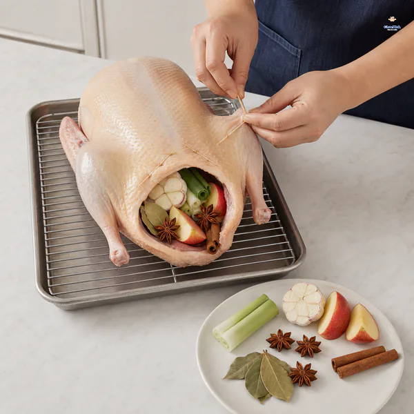 Scallions, halved garlic, apple, star anise, bay leaves and cassia fill a whole duck cavity as wooden picks close the opening