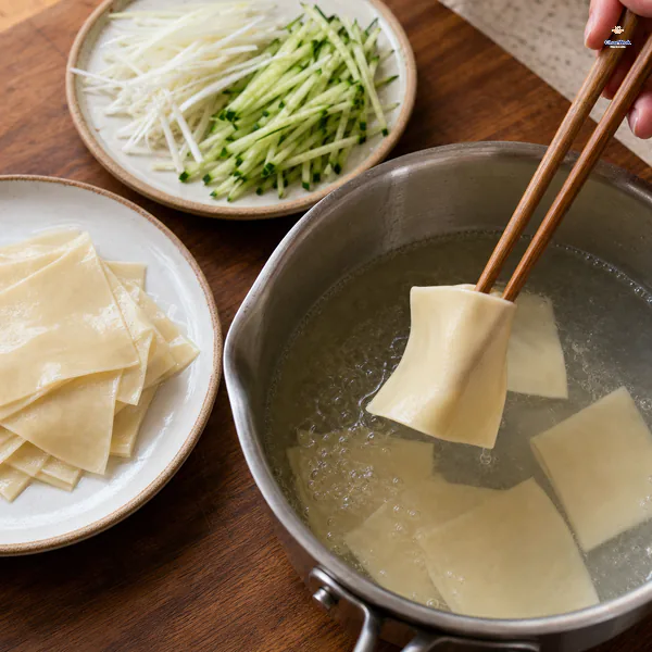 Soft square tofu sheets are lifted from boiling water beside drained sheets, white scallion slivers and seeded cucumber matchsticks