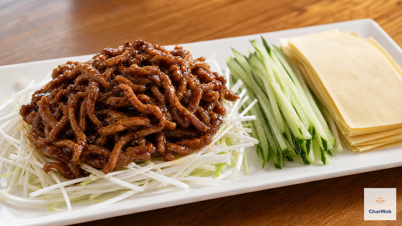 Glossy Peking shredded pork in sweet bean sauce, served with scallion slivers, seeded cucumber matchsticks and square tofu sheets