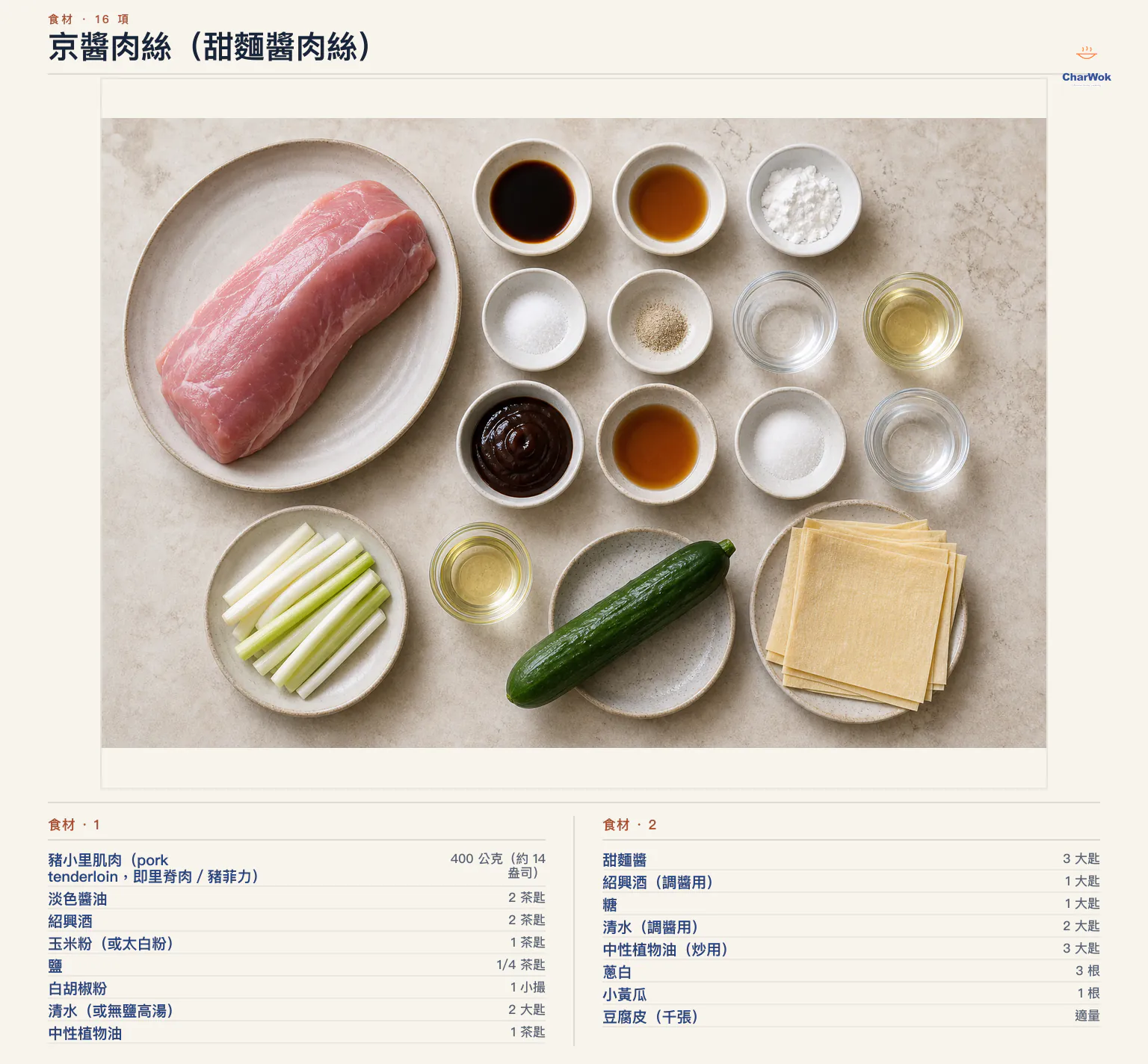 京醬肉絲(甜麵醬肉絲)完整食材俯拍平鋪圖