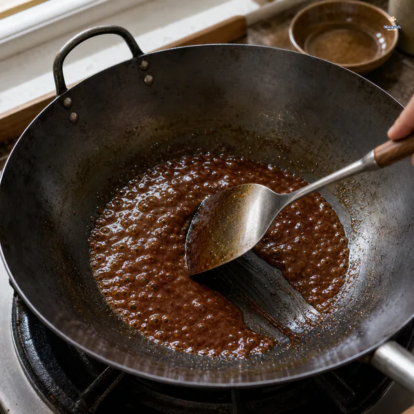 Sweet bean sauce reduces alone over low heat with glossy bubbles while a wok spatula leaves a clean trail on the wok