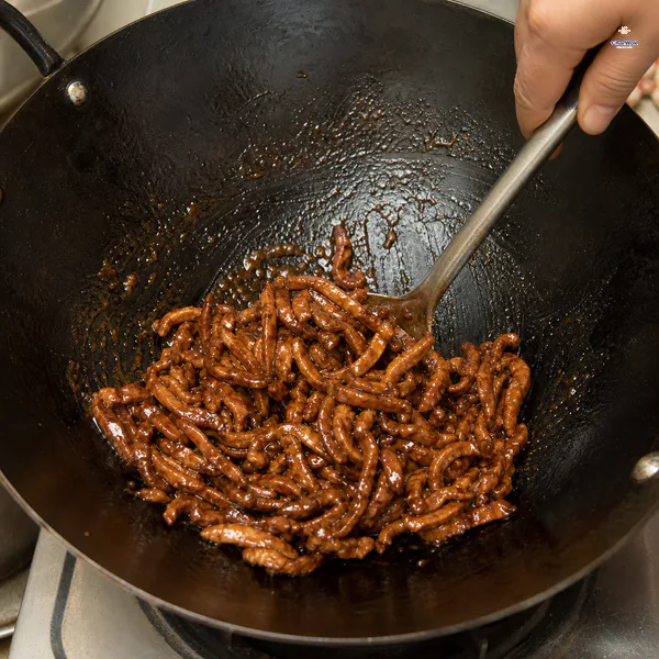 Just-cooked pork slivers are turned through reduced sweet bean sauce until every strip carries an even glossy brown glaze
