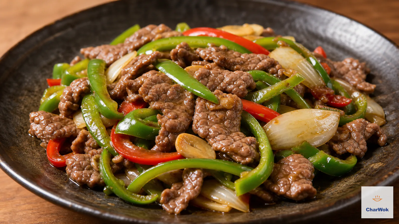 Glossy pepper steak with tender beef strips, crisp green and red bell pepper strips, onion and sliced garlic