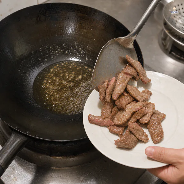Lightly browned beef strips with a faint trace of pink are lifted from the wok while the cooking oil remains behind