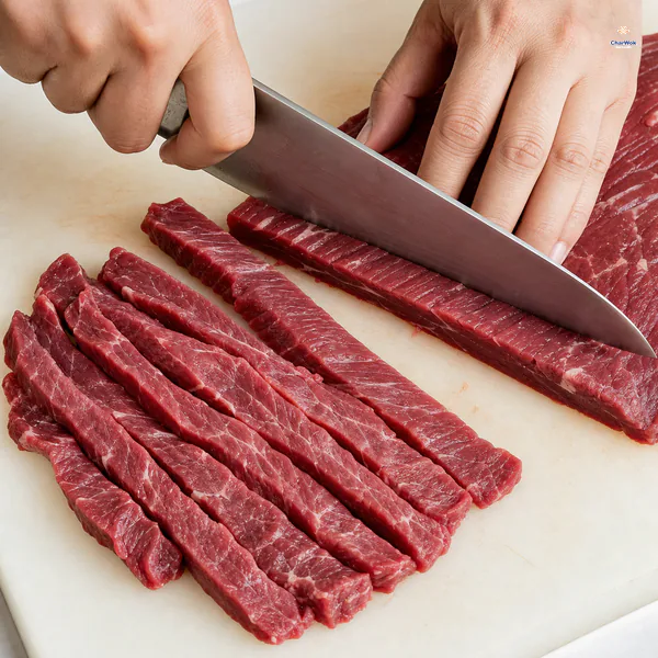 A knife cuts raw beef perpendicular to its visible grain into uniform long strips about 8 millimetres thick