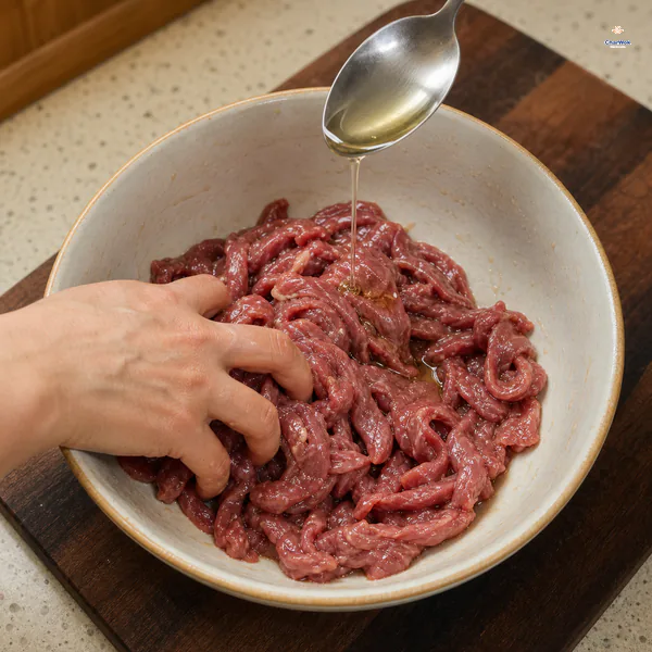Raw beef strips are rubbed until the marinade is absorbed and a thin final stream of neutral oil is added to the nearly dry bowl