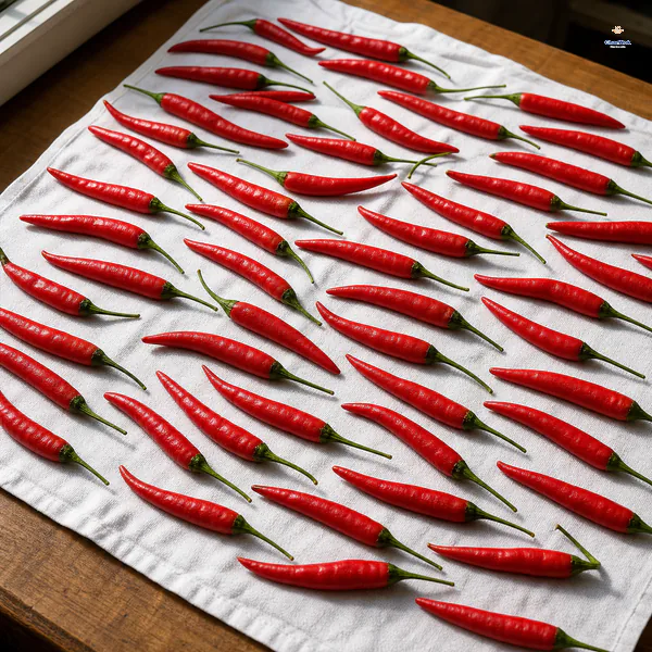 Whole washed red chilies lie in a single non-overlapping layer on a clean white towel until completely dry