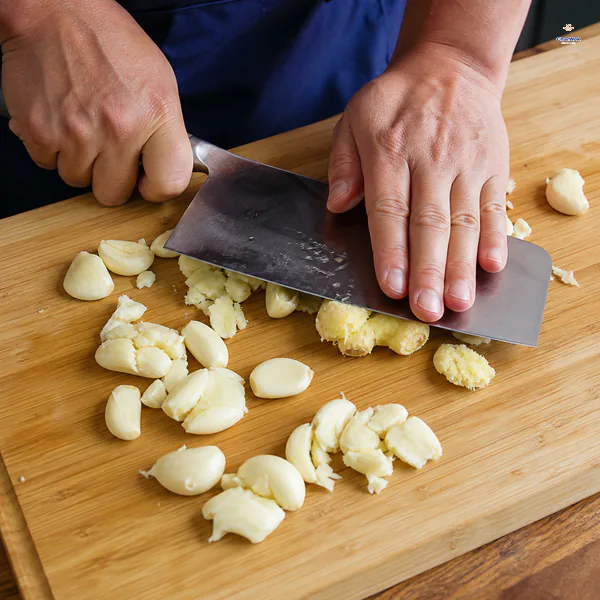 Peeled garlic cloves and ginger are roughly crushed beneath the broad side of a Chinese cleaver