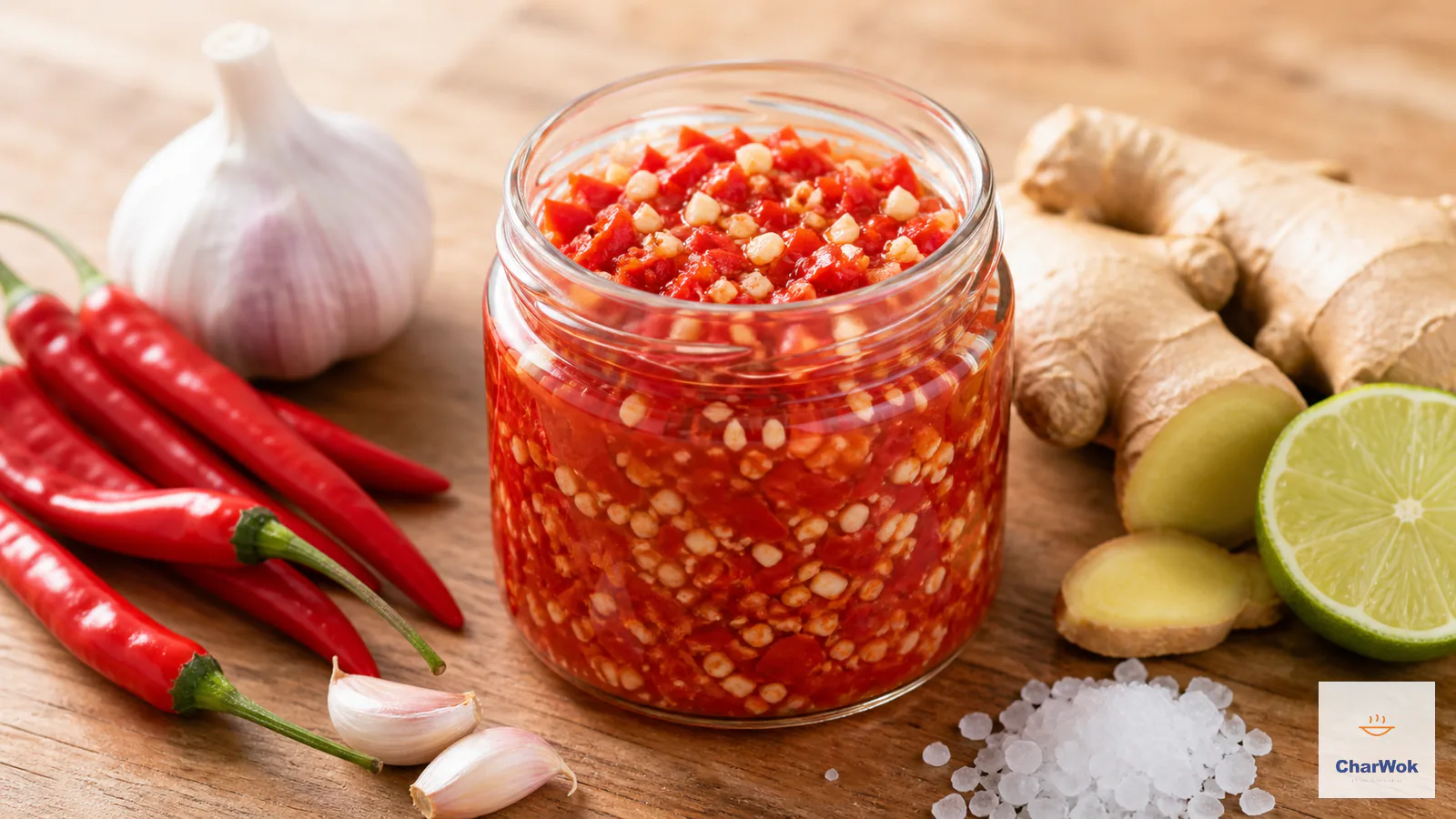 Open jar of chunky red pickled chili garlic sauce beside fresh red chilies, garlic, ginger, lime and salt