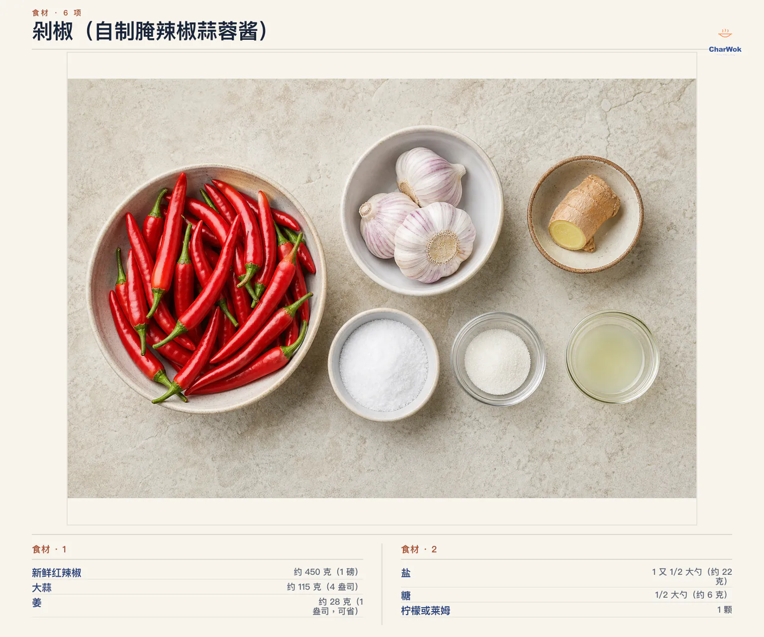 剁椒（自制腌辣椒蒜蓉酱）完整食材俯拍平铺图