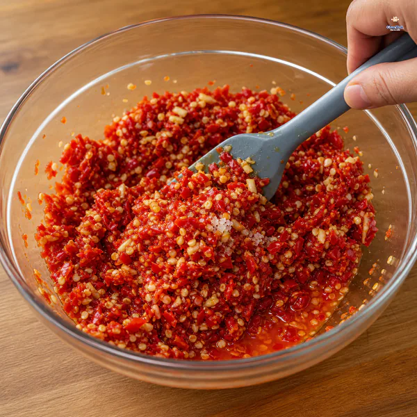 Chunky red chili, garlic and ginger mixture is folded with salt and sugar as its own reddish liquid begins to collect