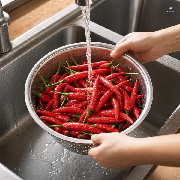 Whole red chili peppers with their green stems still attached are rinsed thoroughly in a metal colander