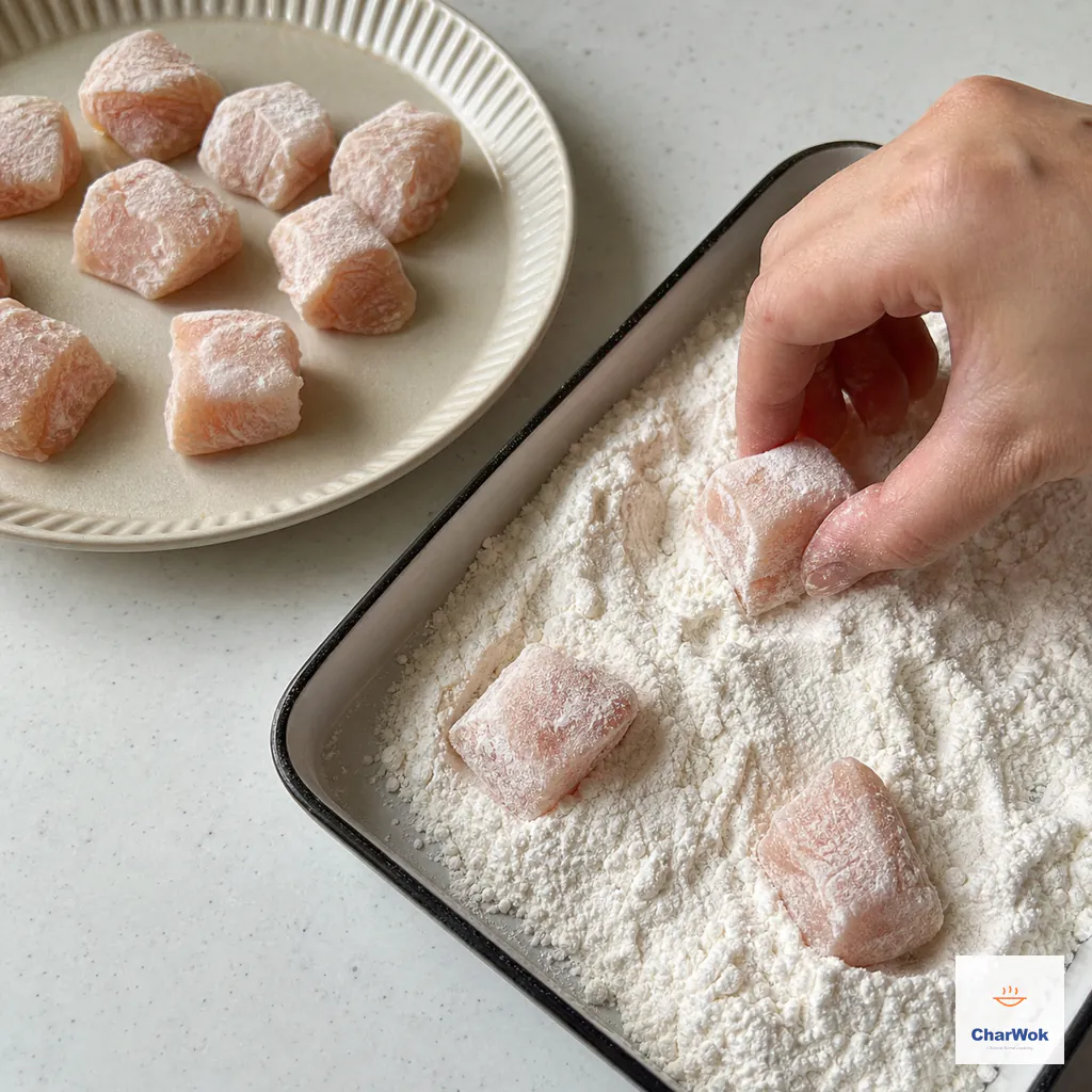 A tacky raw chicken cube is pressed into fine cornstarch and flour while finished cubes rest with a thin snowy coating and no crumbs