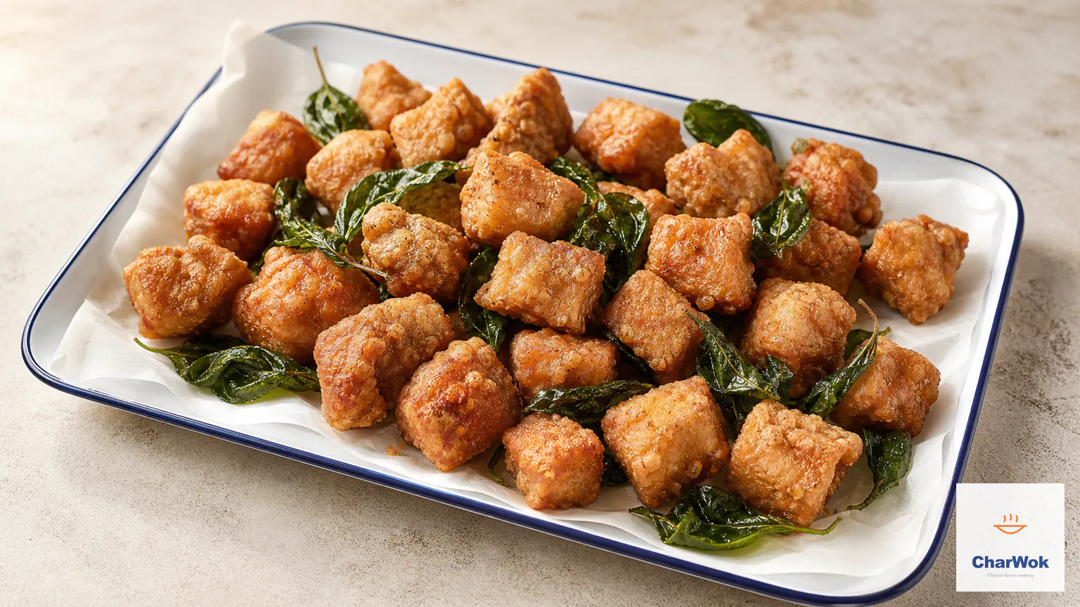Taiwanese popcorn chicken with a thin deep-golden crust, crisp fried Thai basil, and a light five-spice salt dusting on a white enamel tray
