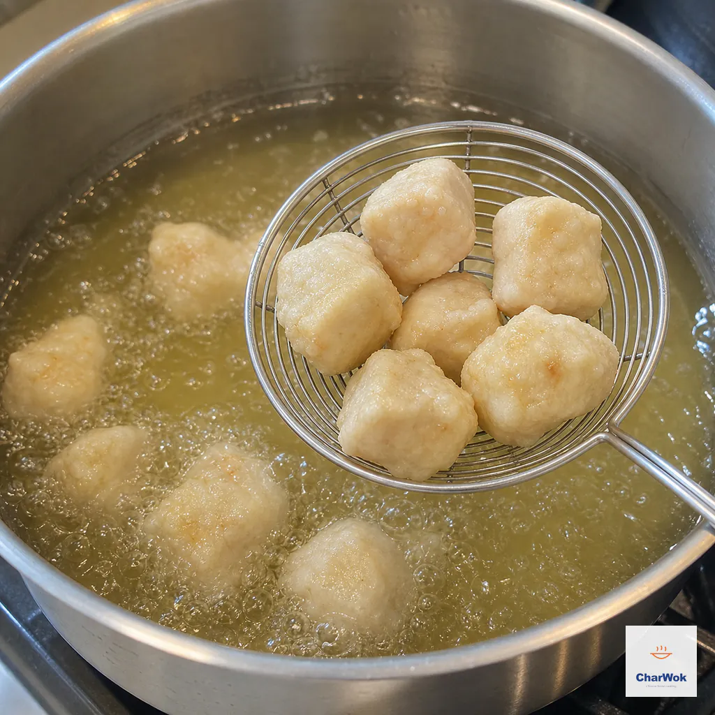 A wire skimmer lifts an uncrowded batch of chicken cubes with a pale cream, just-set, paper-thin crust from bubbling oil