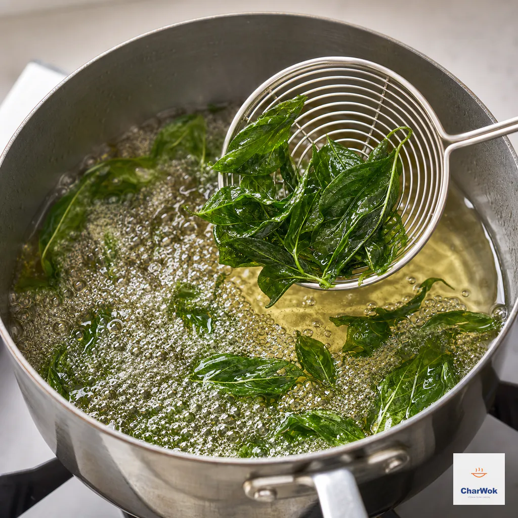 Completely dry Thai basil leaves bubble intensely in already-hot oil while a wire skimmer lifts the crisp darker leaves