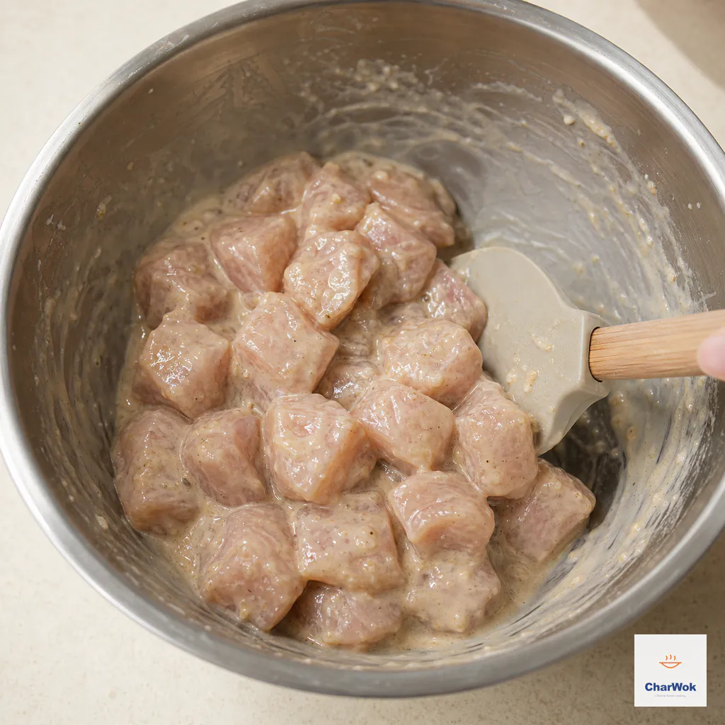 Uniform chicken cubes in a stainless bowl are lightly coated in a cloudy, fluid starch slurry with their contours still visible