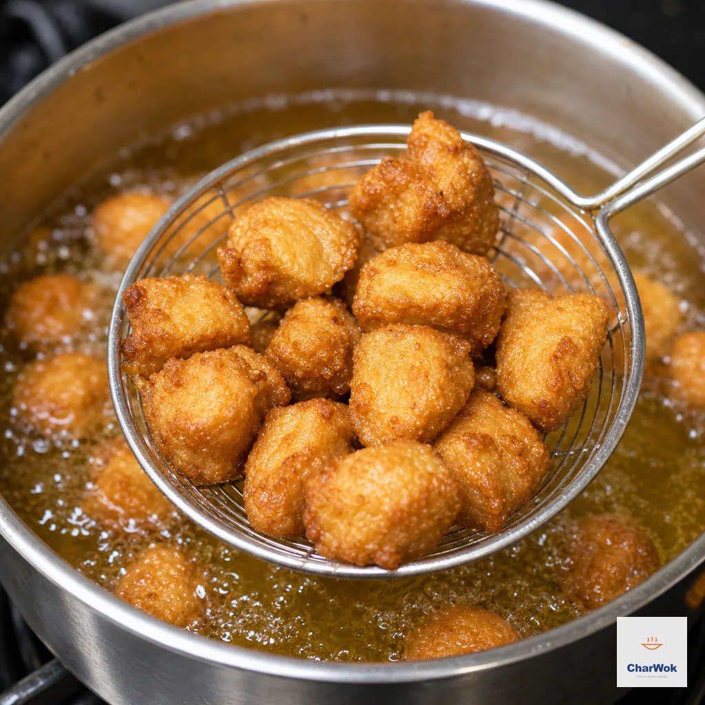 A wire skimmer lifts popcorn chicken with a dry, thin, deep-golden crust and slightly darker edges after the second fry