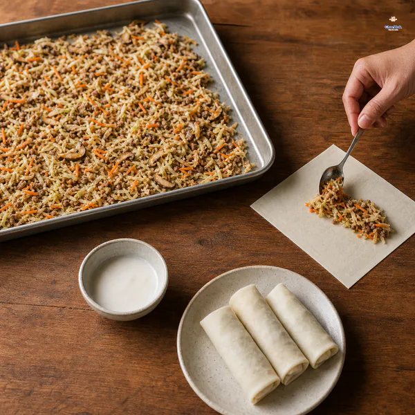 Cooked spring-roll filling cools in a dry thin layer on a tray beside a modestly filled wrapper, sealing paste and three tight raw rolls