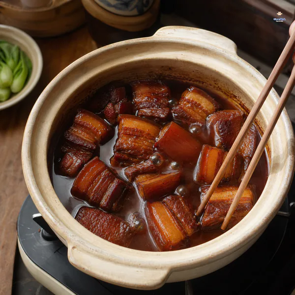Glossy red-braised pork belly simmers in a ceramic pot with only a few lazy bubbles while chopsticks test one tender cube