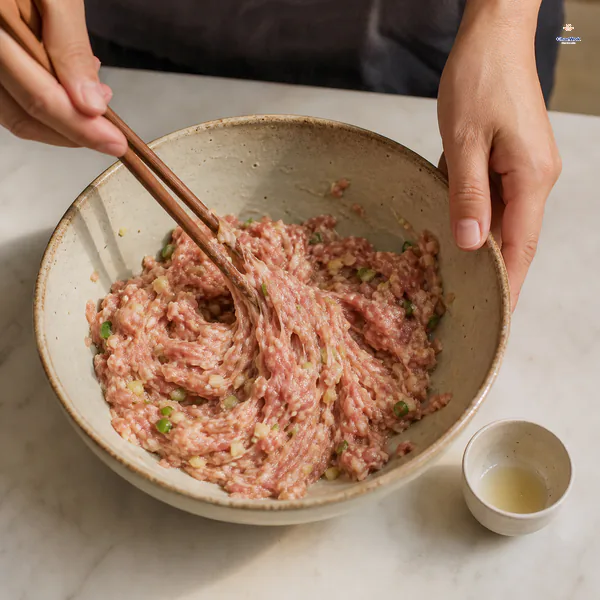 Pork dumpling filling stretches in sticky strands from chopsticks with no liquid pooling while a final small cup of stock waits nearby