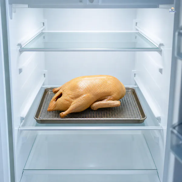 A whole glazed duck rests uncovered on a wire rack over a rimmed tray in an otherwise empty refrigerator until its skin is dry