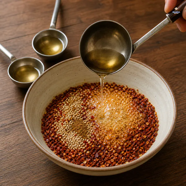 One small ladle pours hot oil over crushed chili and sesame while two separate ladles wait for later lower-temperature pours