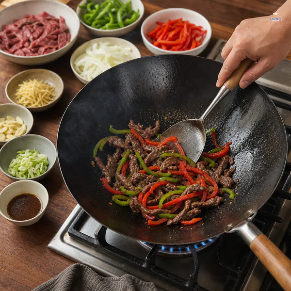 A modest uncrowded batch of dry beef and pepper strips sears in a smoking-hot wok while the remaining prepared ingredients wait in bowls