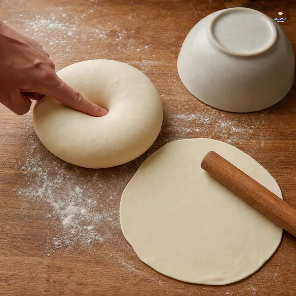 A rested hot-water dough keeps a soft fingertip indentation beside a relaxed thin round and the bowl that covered it