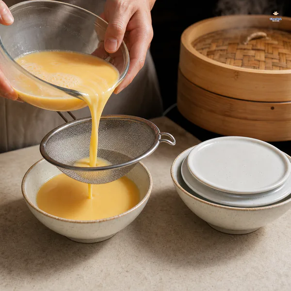 Beaten egg and warm stock pass through a fine sieve into a smooth bowl beside an identical covered bowl ready for gentle steaming