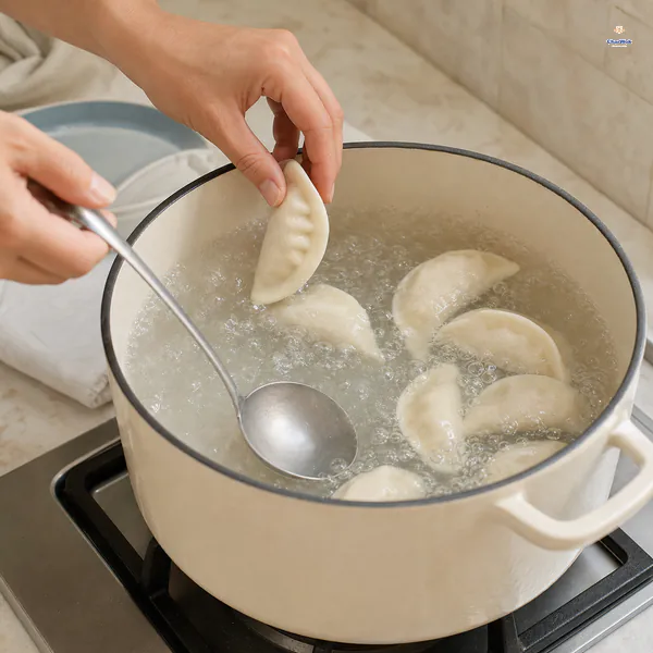Raw dumplings slide into a large pot at a full rolling boil while the back of a spoon keeps them off the bottom
