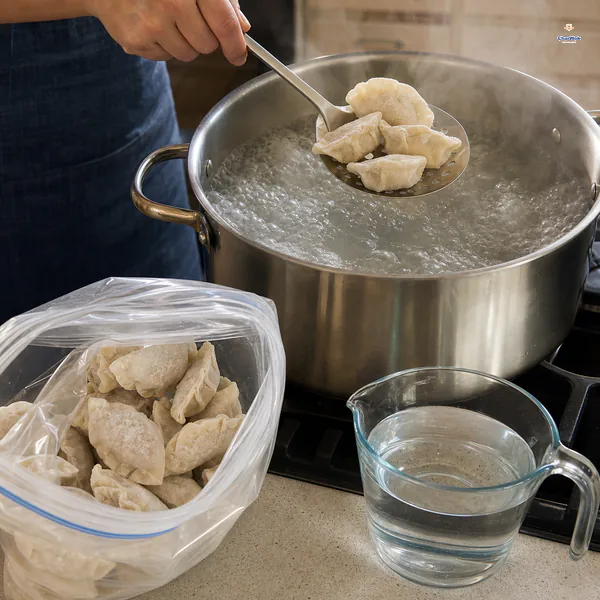 Frost-dusted raw dumplings go directly from an unprinted freezer bag into a large rolling boil with cold water waiting nearby