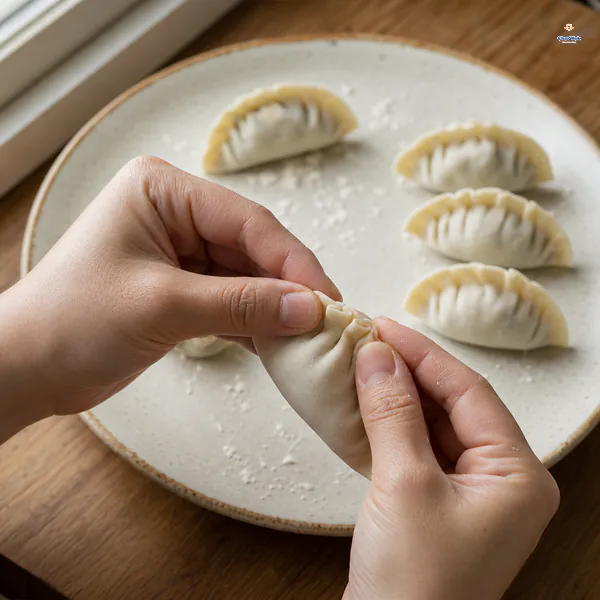 Hands firmly pinch the last pleats of a modestly filled raw dumpling while sealed dumplings rest on a lightly floured plate