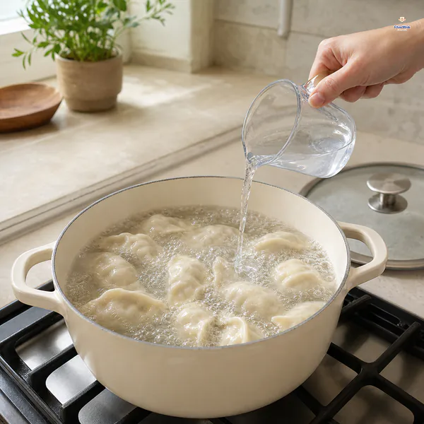 A clear measured stream of cold water is poured into vigorously boiling dumplings as the first cooling splash