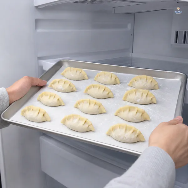 A parchment-lined tray of separated uncooked dumplings is slid level onto an empty freezer shelf