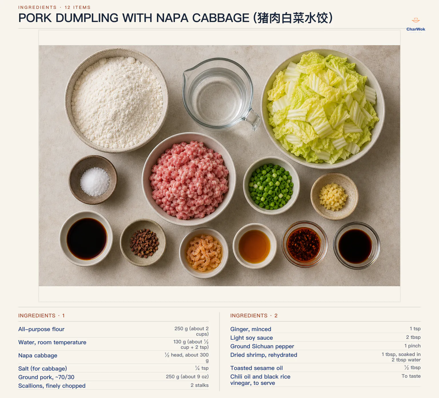 Ingredients for Pork Dumpling with Napa Cabbage (猪肉白菜水饺）, arranged in a top-down flat lay