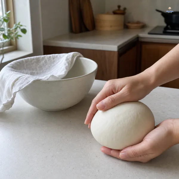 Two hands hold a newly smooth dumpling dough beside the covered bowl where it rested for ten minutes